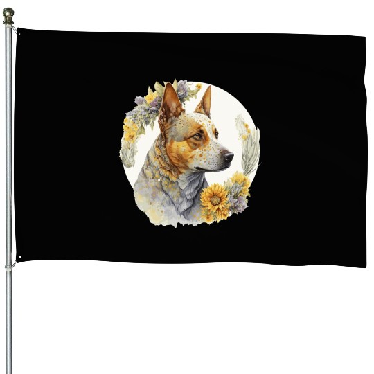 Watercolor Australian Cattle Sunflower Dog Breed P House Flags