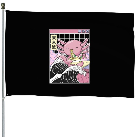 Axolotl Eating Ramen Kanagawa Wave Kawaii Japan House Flags