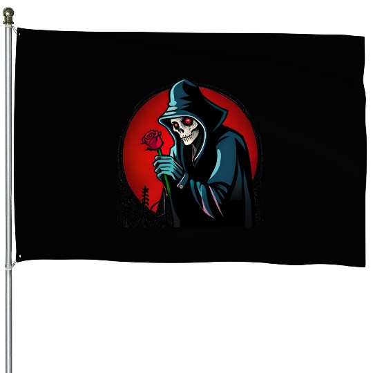 Symbolic Contrast A Grim Reaper Embracing a Rose House Flags