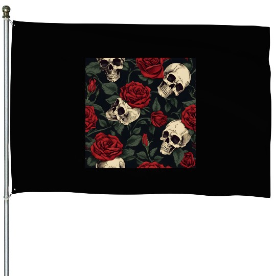 Dark Elegant Goth Skulls & Red Roses Pattern House Flags