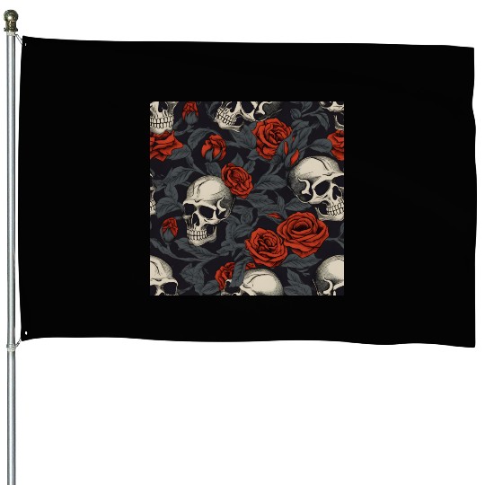 Red Roses & Skulls Pattern Dark Elegant Gothic House Flags
