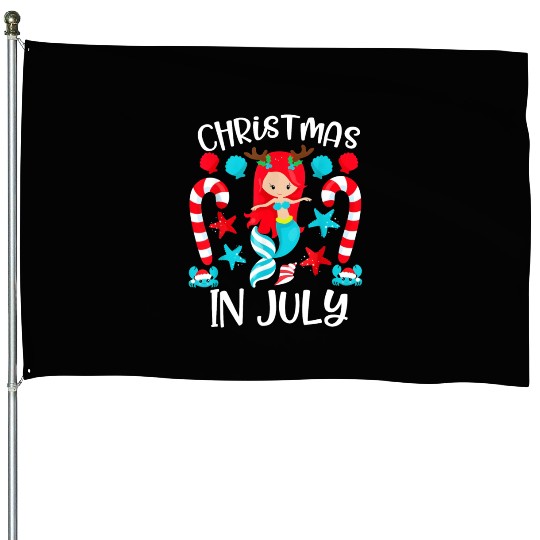 Christmas In July Cute Mermaid Summer Vacation House Flags