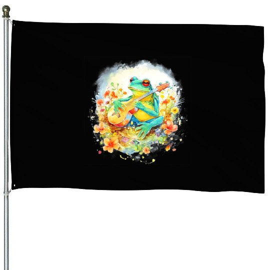 Cottagecore Frog Playing Banjo Guitar Amphibian House Flags