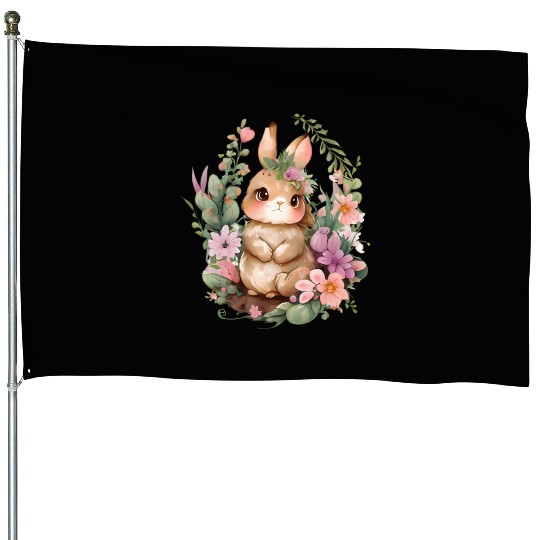 Happy Bunny Flower Easter Bunny Rabbit House Flags