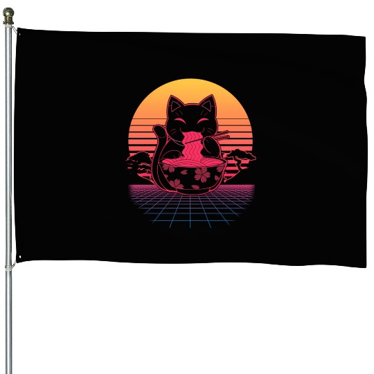 Kawaii Ra Neko Retro Cat Japanese Noodle Anime House Flags