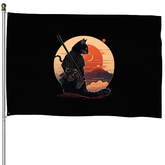 Vintage Japanese Sunset Style And Samurai Cat Kitt House Flags