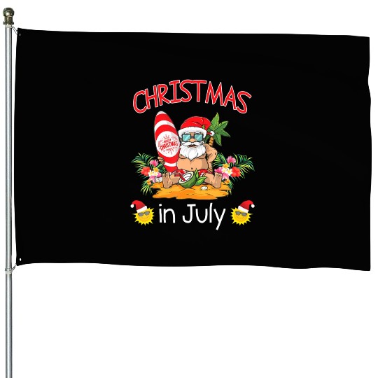 Christmas In July Funny Santa Surfing Summer House Flags