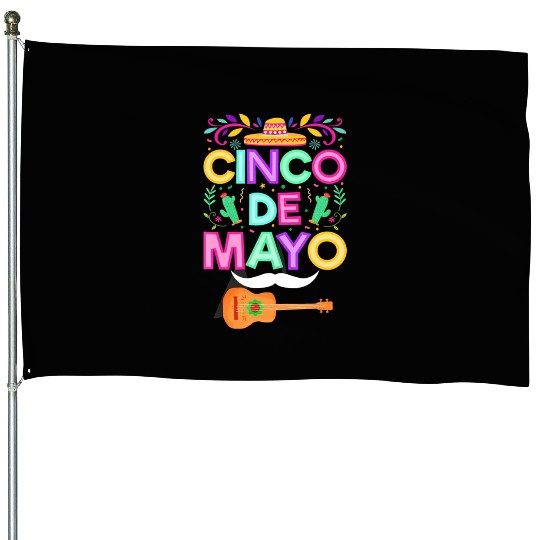 Cinco de Mayo Sombrero Mustache and Guitar House Flags