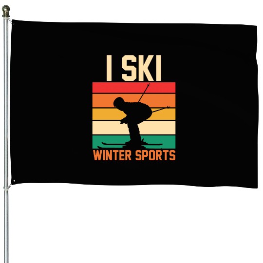 Skiing Lover Silhouette Skier Retro I Ski House Flags