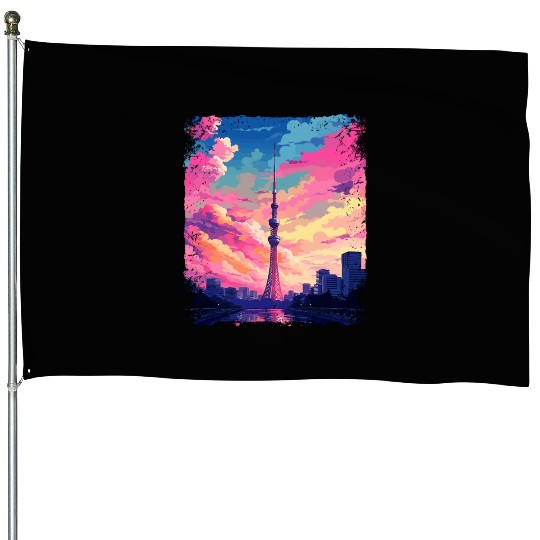 Vaporwave Skytree Tokyo Aesthetic Japanese Sight House Flags