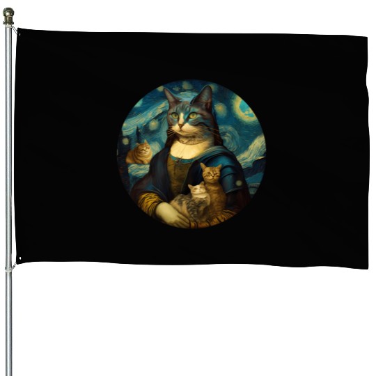 Mona Lisa With Cats Starry Night Van Gogh Painting House Flags