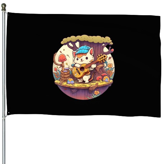 Cute Kawaii Cat Playing Guitar Banjo On Log House Flags
