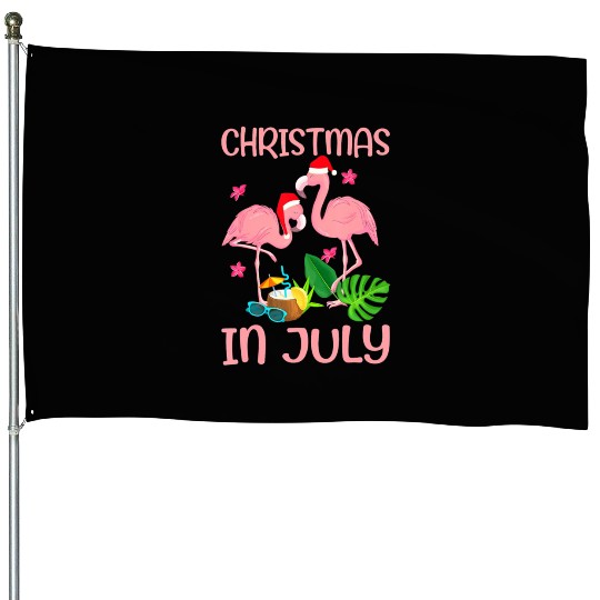 Christmas In July Pink Flamingo Wearing Santa Hat House Flags