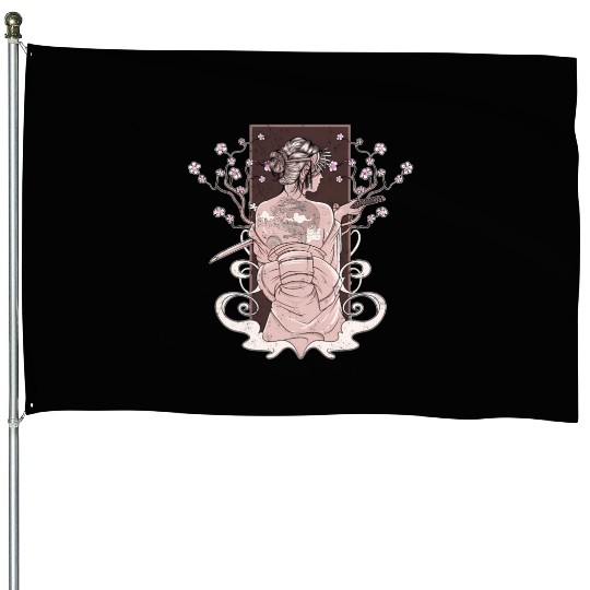 Vintage Japanese Katana Wo Kimono Cherry Blossoms House Flags