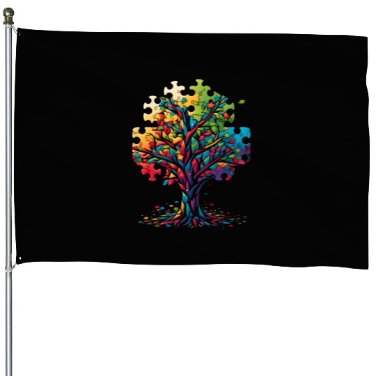 Neurodiversity Autism Awareness Colorful Tree Puzz House Flags
