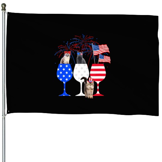 Cat 4Th Of July Red White Blue Wine House Flags