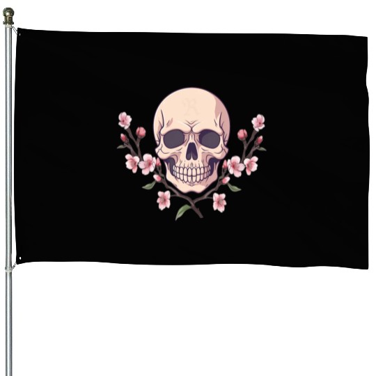 Anime style Skull with cherry blossom branches House Flags