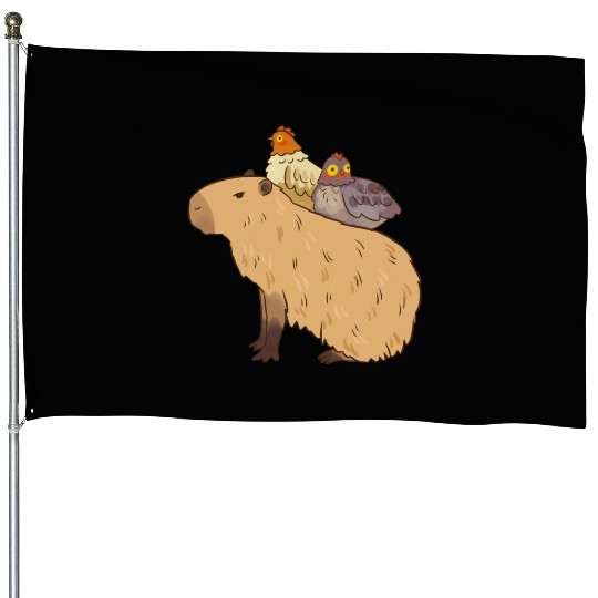 Adorable Capybara With Chicken Friends House Flags