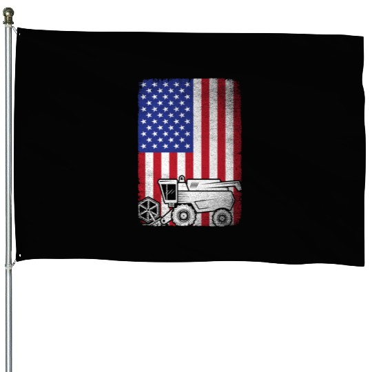 Combine Harvester American Flag Farmer Agriculture House Flags