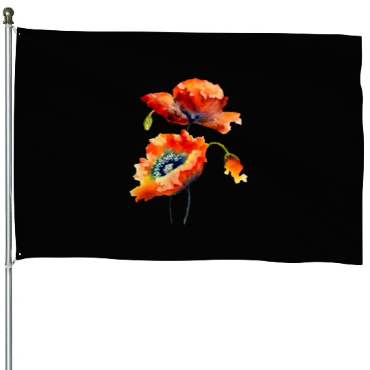 RED POPPIES House Flags, WATERCOLOR RED POPPIES TOP