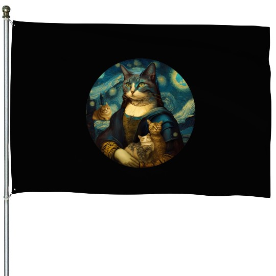 Mona Lisa With Cats Starry Night Van Gogh Painting House Flags