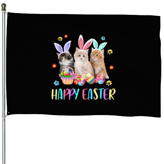 Happy Easter Three Cat Wearing Bunny Ear Kitty House Flags