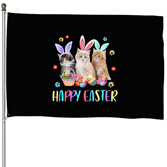 Happy Easter Three Cat Wearing Bunny Ear Kitty House Flags