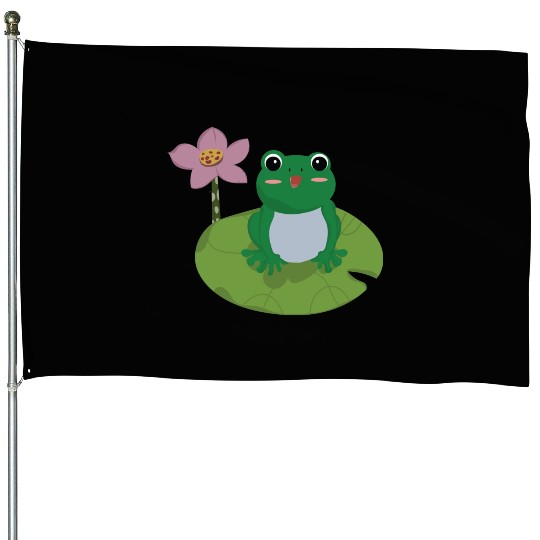 Green Frog on Lotus Leaf vector. House Flags
