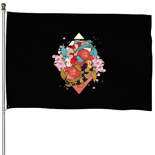 Kawaii Cherry Blossom Koi Fish Japanese Sakura House Flags