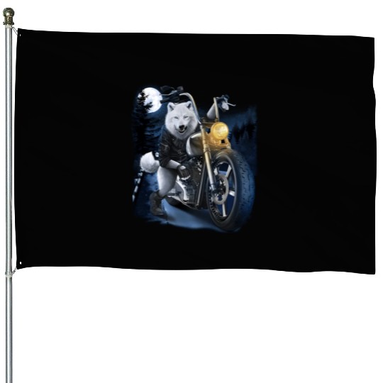 Wolf Riding Chopper Motorcycle In Full Moon House Flags