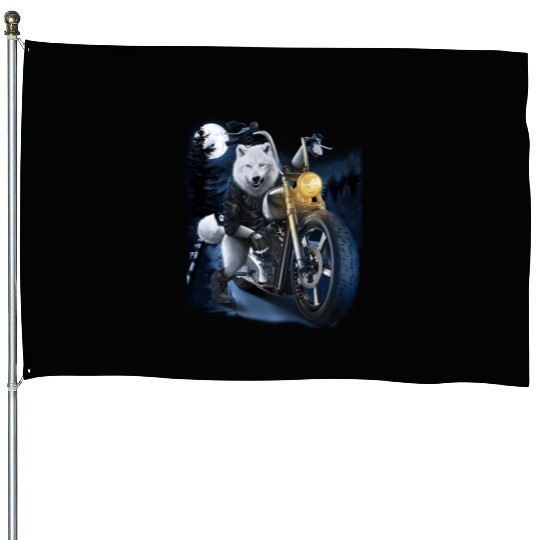 Wolf Riding Chopper Motorcycle In Full Moon House Flags