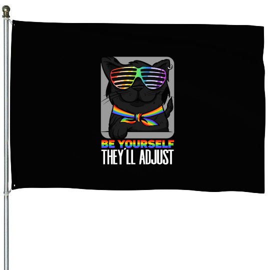 Be Yourself They'll Adjust Rainbow Cat Feline House Flags