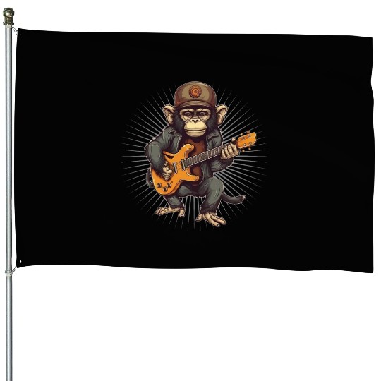 Monkey Chimpanzee Playing Acousitc Rock Guitar House Flags