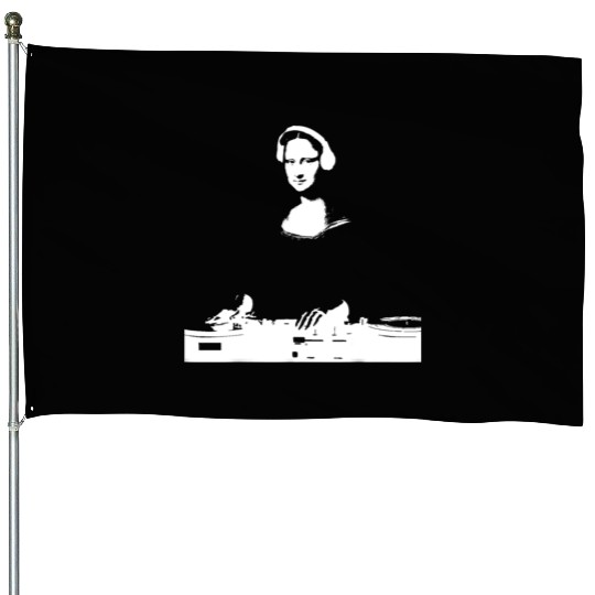 Dj Mona Lisa with Dj Headphone behind a dj table House Flags