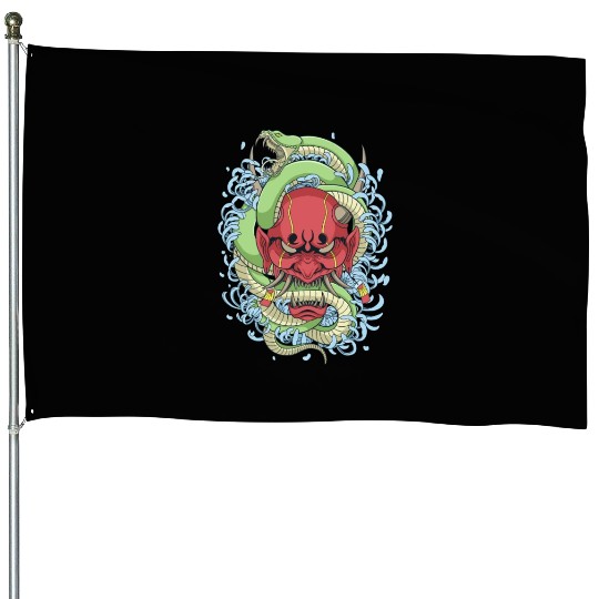 Japanese oni mask with peony flower and greem snak House Flags