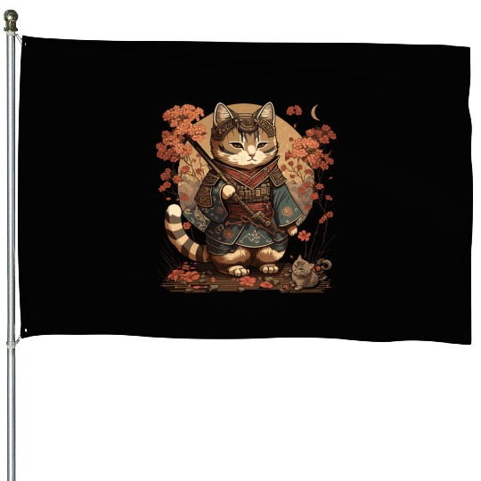 Samurai Cat Warrior Japanese Ninja Cat Kawaii House Flags