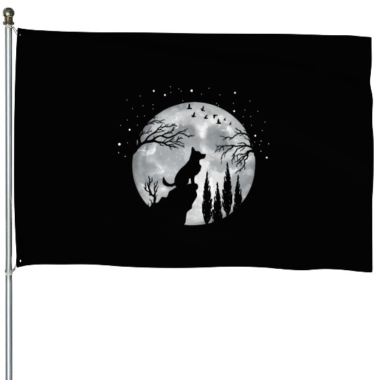 German Shepherd Dog Full Moon At Night German Shep House Flags
