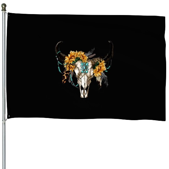 Bull Skull And Sunflowers House Flags