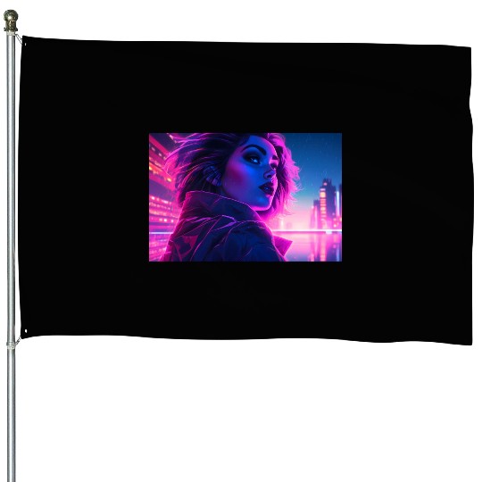 Synthwave Girl - Futuristic Design neon colors House Flags