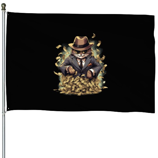 Gangster Cat Dressed In A Stylish Suit And Cash House Flags