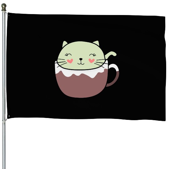 Mint Hot Cocoa Cat in Coffee Mug House Flags