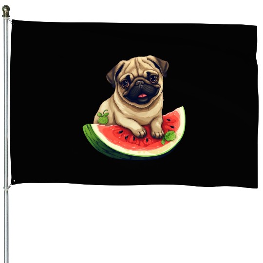 Pug with Melon, Funny Summer Design for Dog Lovers House Flags
