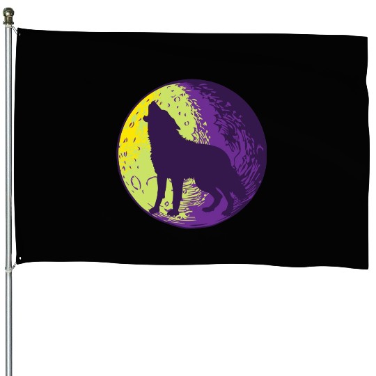 Howling wolf in the moon cool House Flags