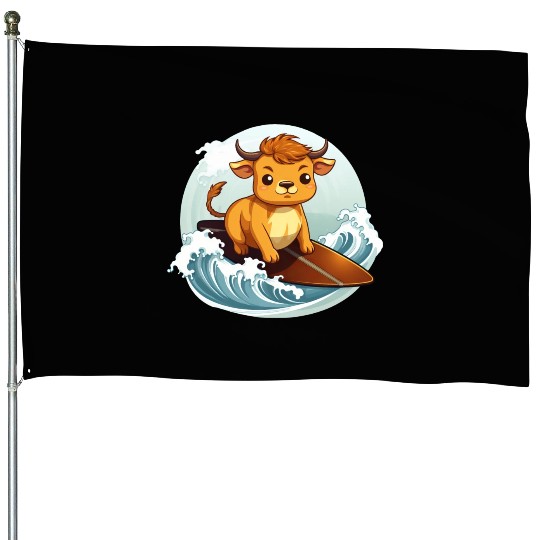 Surfing Cow on Surfboard, Adventurous Animal House Flags