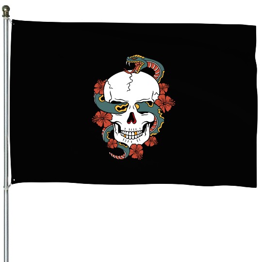 Human skull, snake and hibiscus flower. House Flags