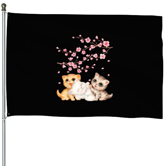 Kitten Lover Japanese Cherry Blossom Cat Art House Flags