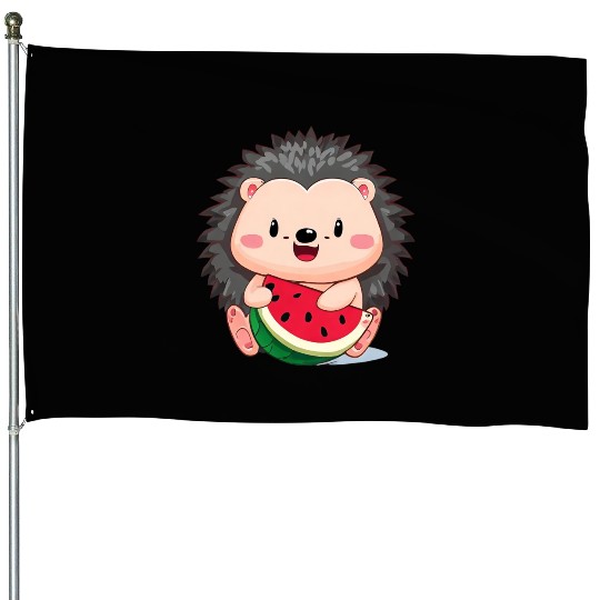 Happy hedgehog enjoys watermelon House Flags