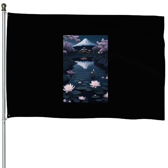 Asia Landscape by night Serene Mount Fuji House Flags