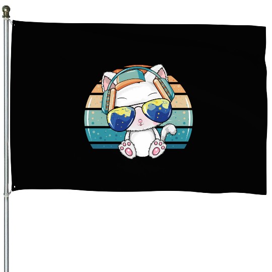Hip Hop Music Dj Cat Kitty With Earphone Pet House Flags