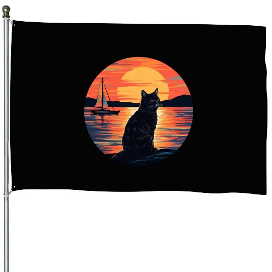 Black Cat Sailing at Sunset - Nautical Animal House Flags
